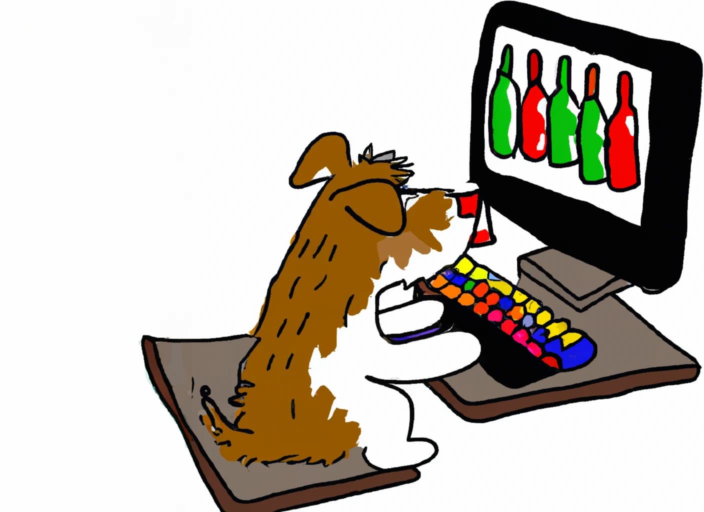 DALL·E 2023-07-20 11.18.01 – draw a colourful picture of a dog making an order of empty wine bottles. the dog is on the computer making the order