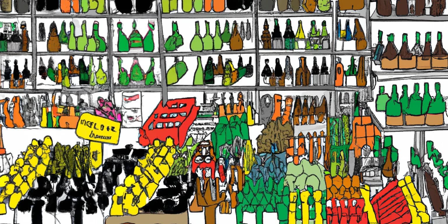 DALL·E 2023-09-29 10.04.55 – draw a coulourful warehouse with loads of different beer bottle products