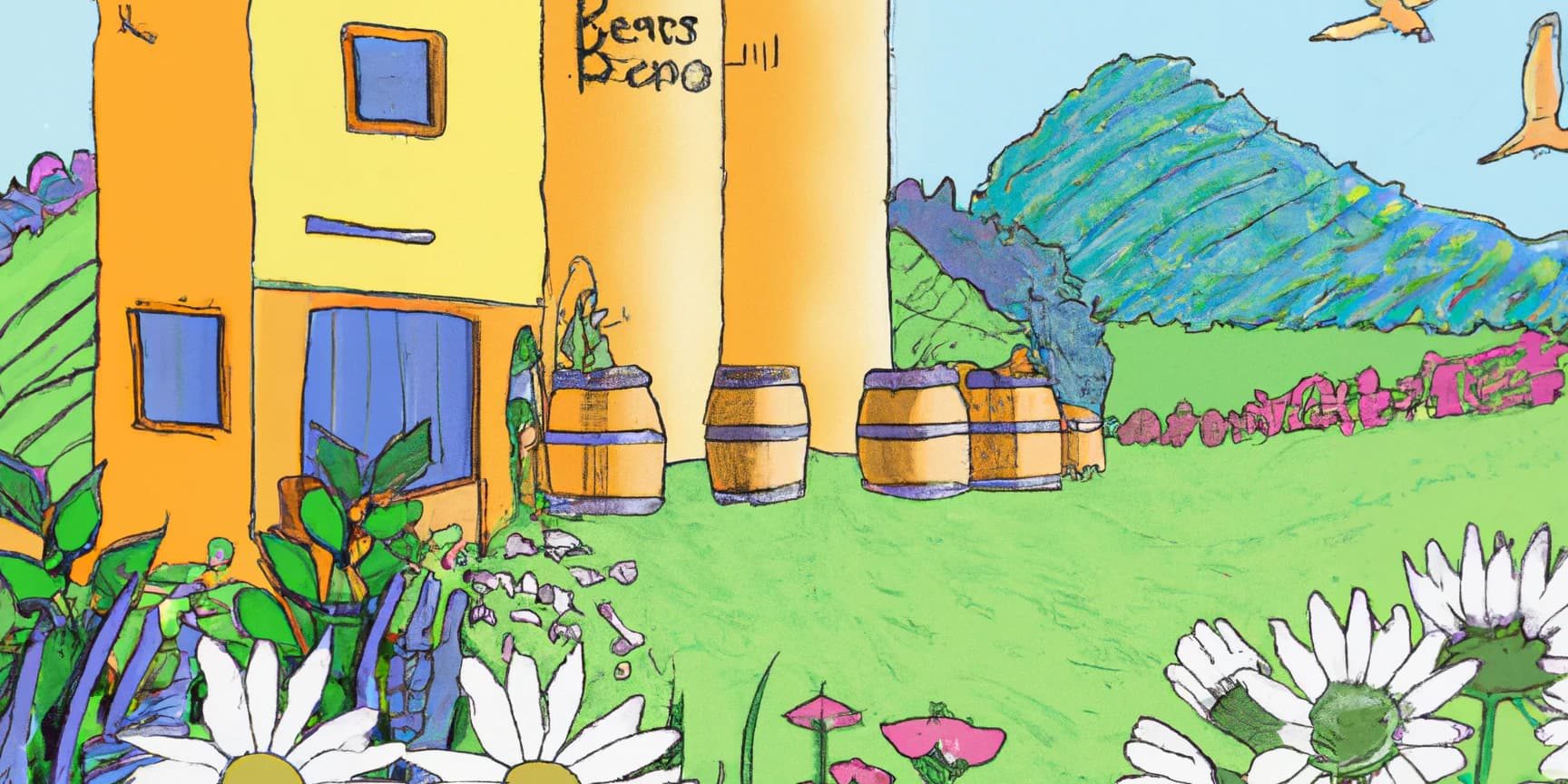 DALL·E 2023-10-20 07.40.02 – draw a colourful picture of an eco friendly brewery. Sitting in the fields, wild flowers, bees, sunshine, maybe a river running past. make it look rea eco friendly brewery environment looking after our planet eco friendly production
