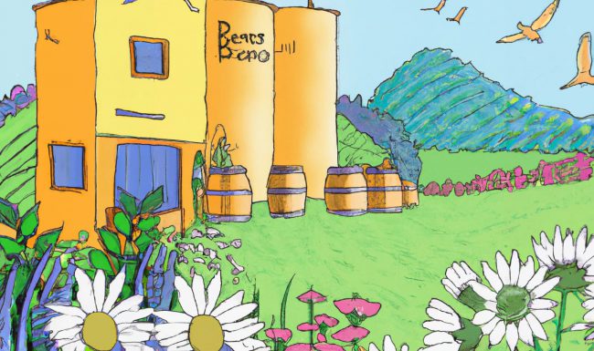DALL·E 2023-10-20 07.40.02 – draw a colourful picture of an eco friendly brewery. Sitting in the fields, wild flowers, bees, sunshine, maybe a river running past. make it look rea eco friendly brewery environment looking after our planet eco friendly production