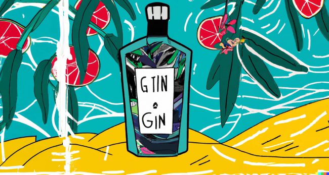 DALL·E 2023-10-27 16.21.00 – draw a picture of a bottle of gin placed in tropics. Tropical background. explosion of flavours and ingredients. botanicals spirits experimental spirits