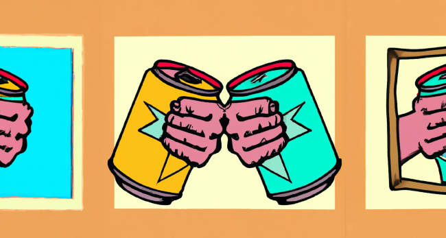 DALL·E 2023-11-03 15.52.56 – draw a colourful retro picture of two cans of beers fist bumping like two old mates breweries collaboration