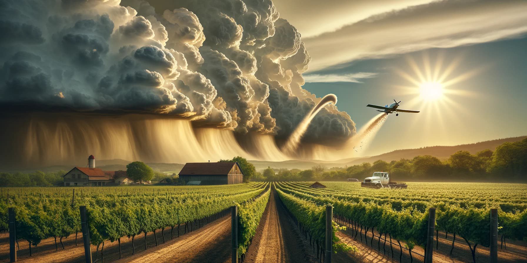 DALL·E 2024-01-17 15.18.39 – A pastoral scene similar to the previous image, depicting a winery farm with lush vineyards. In the sky, a small plane is engaged in cloud seeding, vi harvest time and cloud seeding to break up the clouds in mendoza, the winery region of Argentina