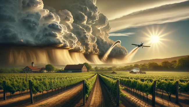 DALL·E 2024-01-17 15.18.39 – A pastoral scene similar to the previous image, depicting a winery farm with lush vineyards. In the sky, a small plane is engaged in cloud seeding, vi harvest time and cloud seeding to break up the clouds in mendoza, the winery region of Argentina
