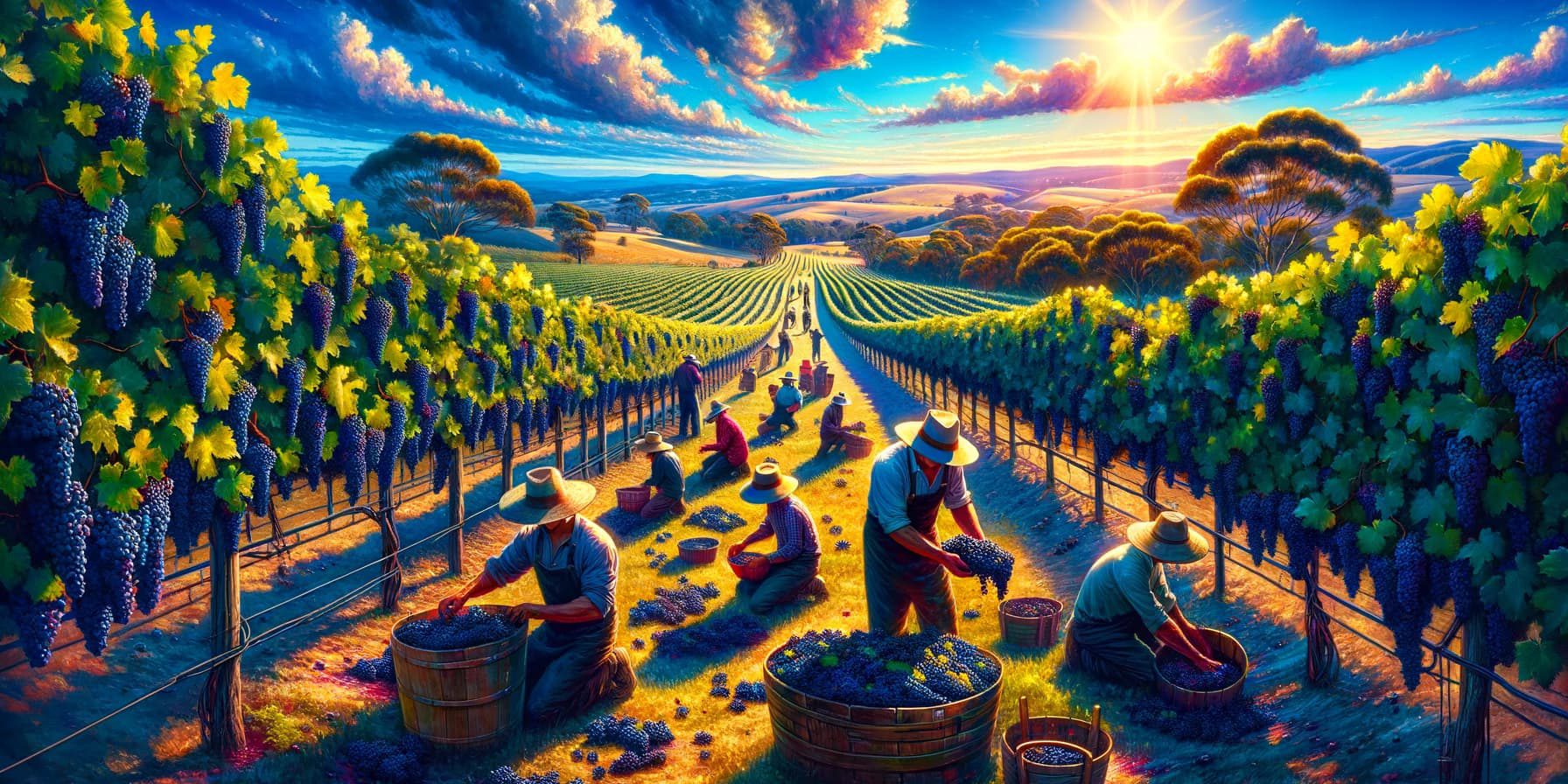 a suny harvest season in australia. harvesting grapes for winemaking