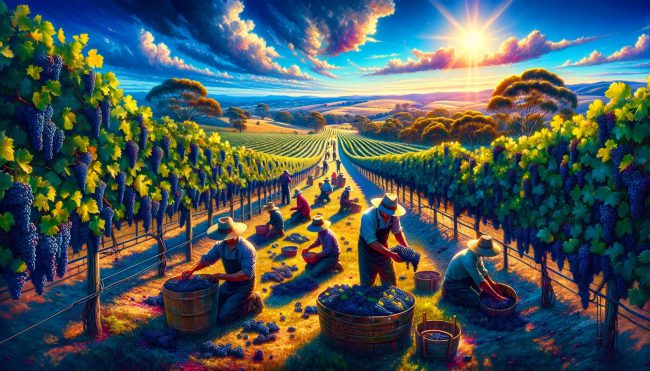 DALL·E 2024-01-25 16.33.47 – A vibrant scene of grape harvest in sunny Australia, now in a wider frame. The image showcases a vast vineyard under a clear, bright blue sky, with in a suny harvest season in australia. harvesting grapes for winemaking