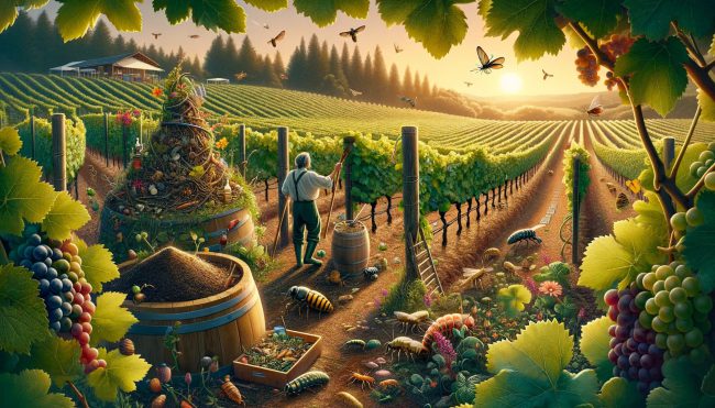 DALL·E 2024-02-07 16.00.27 – Create an image that depicts a biodynamic vineyard scene in a realistic style, showcasing the intricate relationship between agriculture and the natur biodynamic vineyard