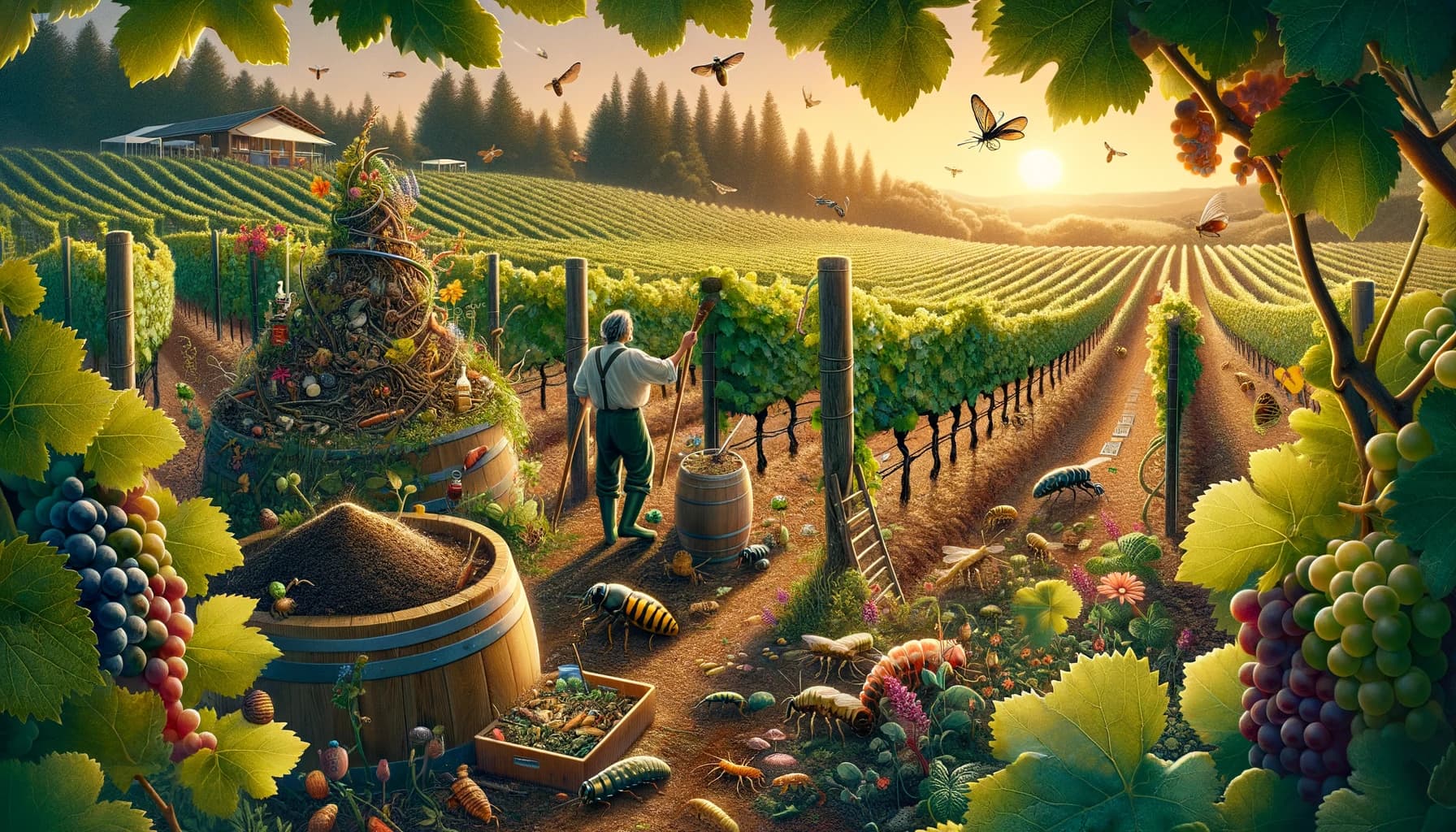 DALL·E 2024-02-07 16.00.27 – Create an image that depicts a biodynamic vineyard scene in a realistic style, showcasing the intricate relationship between agriculture and the natur biodynamic vineyard