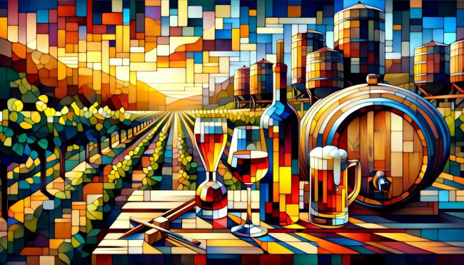 DALL·E 2024-02-27 16.04.26 – Transform the serene vineyard at sunset, featuring a glass of rich red wine, a crafted beer with a frothy head, and a small distillery bottle of golde