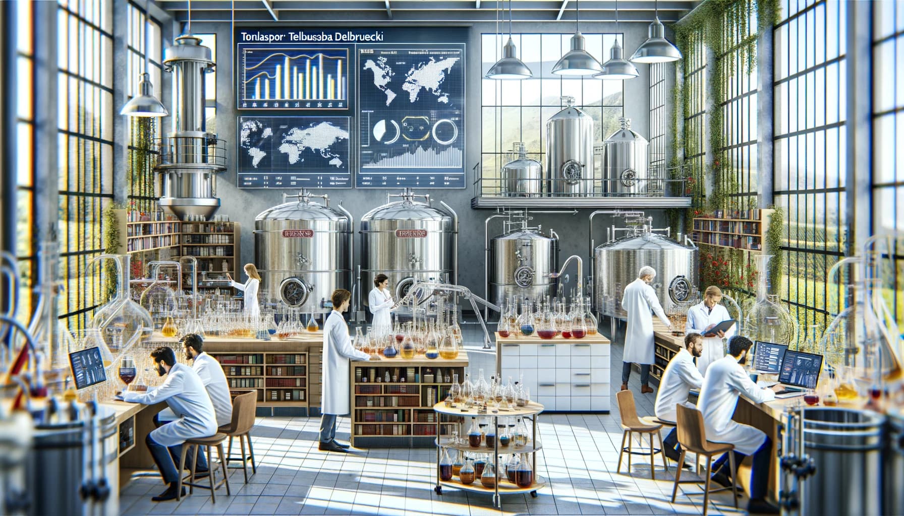 DALL·E 2024-03-12 10.30.04 – In a wide-format continuation of a sophisticated winemaking laboratory scene, scientists in lab coats are further analyzing wine samples. This extensi