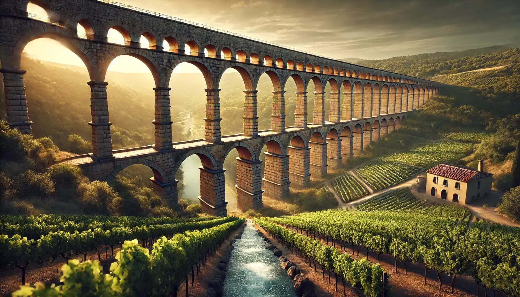 DALL·E 2025-01-30 17.16.33 – A wide shot of a grand Roman aqueduct made of ancient stone arches stretching across a lush green vineyard. Water flows along the top of the aqueduct,